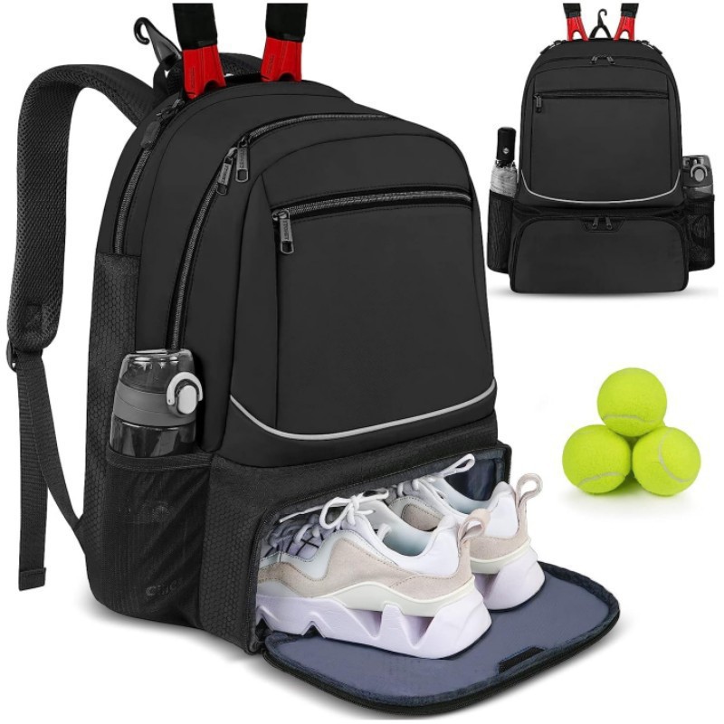 Badminton Tournament - 大容量テニスバックパックスポーツラケットパックは1〜2本のテニスラケットを収納可能アウトドアバドミントンバッグシューズポケット付きブラックピンク